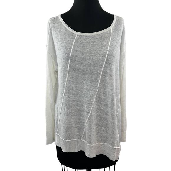 EILEEN FISHER White Organic Linen Long Sleeve Scoop Neck Lightweight Sweater L - Picture 1 of 8